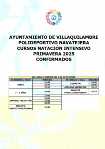 CURSOS NATACIÓN INTENSIVO PRIMAVERA 2025 CONFIRMADOS