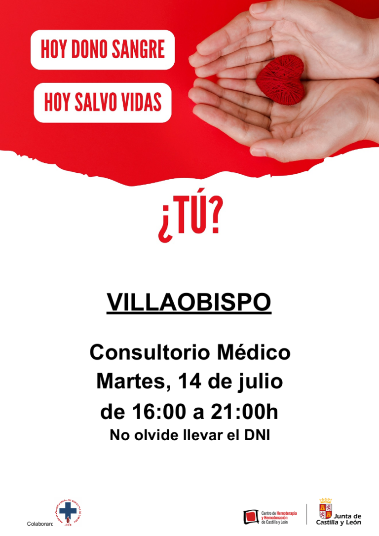 CAMPAÑA DONACIÓN DE SANGRE 14 DE JULIO DE 2026. CONSULTORIO MÉDICO DE VILLAOBISPO.